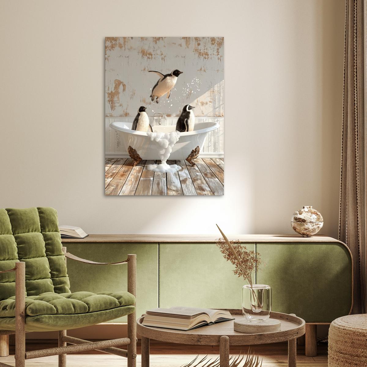 POSTER Vintage - Pinguin - Badewanne - Schaumstoff Deko Wohnzimmer 60x80 cm - Schwarz, Papier (60/80/0.1cm) - MuchoWow