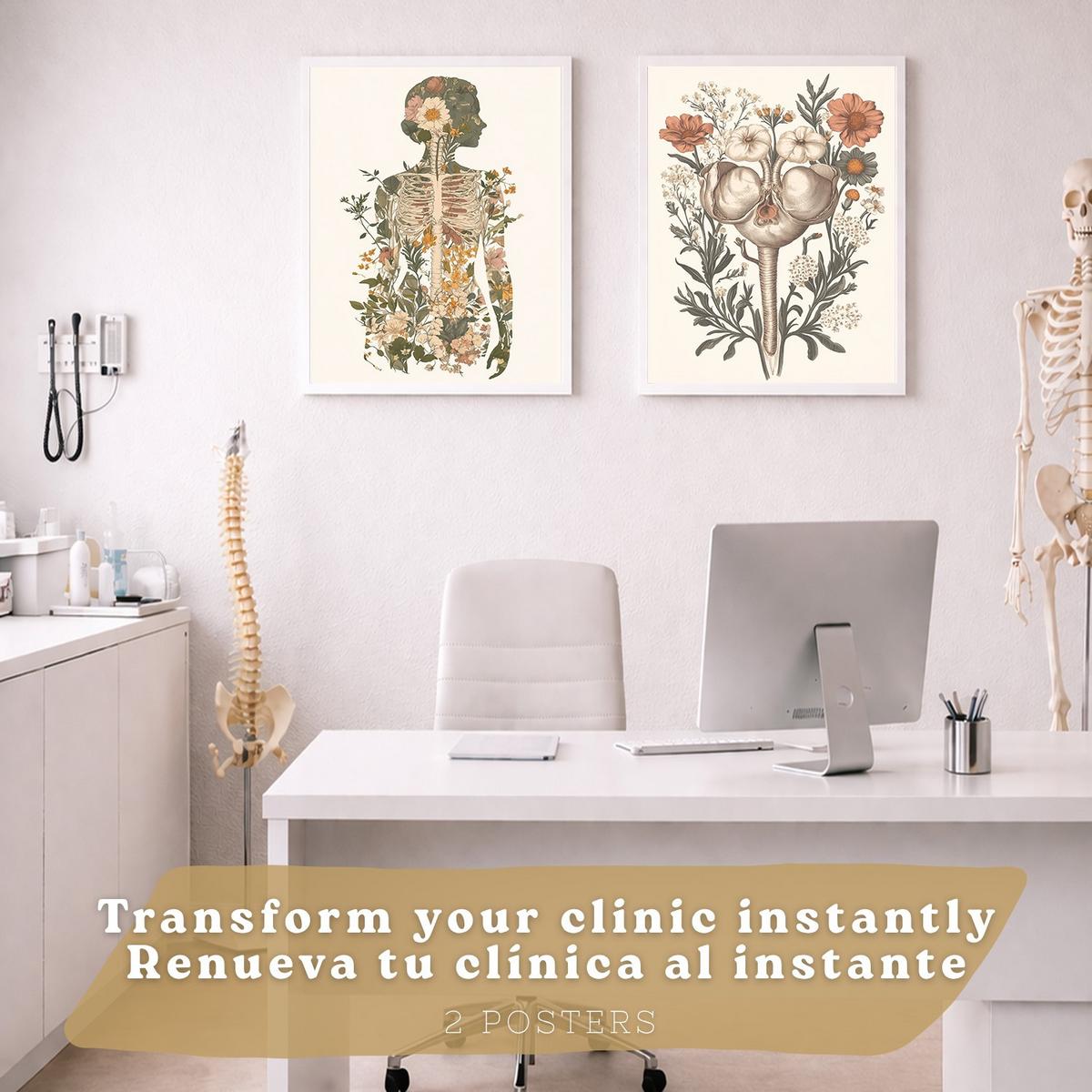POSTER Set aus 2 Anatomie Mensch Drucke und Wandbilder mit Weiblicher Silhouette und Fortpflanzungssystem Botanischer Stil Größe Weißer Rahmen A3 - Weiß, Papier (29.7/42/3cm) - Nacnic