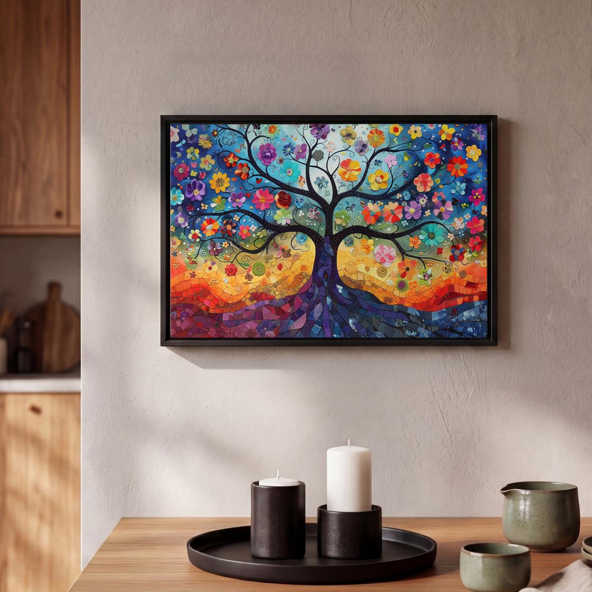 LEINWAND Bilder mit Rahmen - Kunst - Baum des Lebens - Blumen - Hippie - 30x20 - Dunkelblau, Textil (30/20cm) - MuchoWow