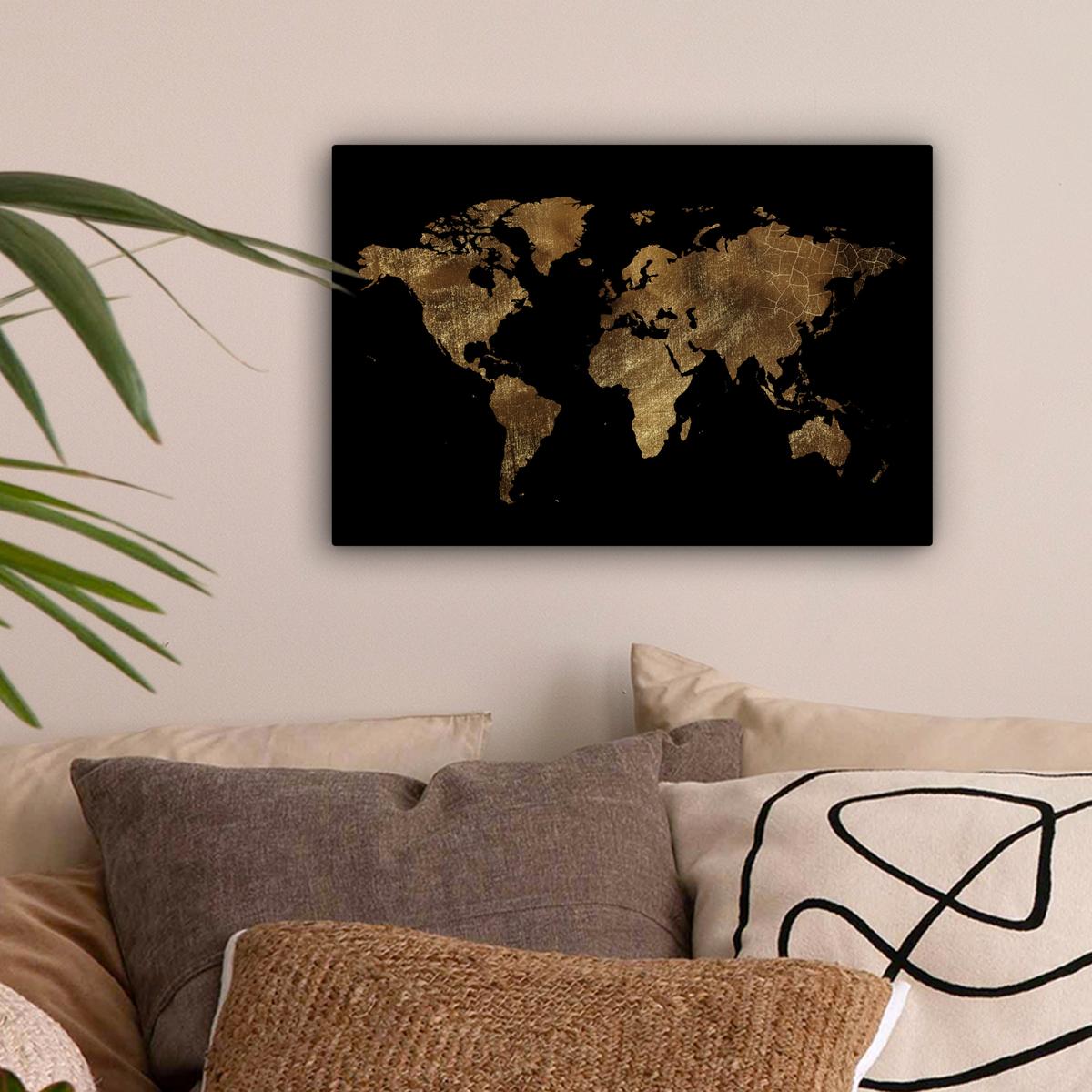 LEINWANDBILD Weltkarte - Gold - Luxus - Erde - Schwarz Deko Schlafzimmer 30x20 cm - Goldfarben, Textil (30/20cm) - MuchoWow