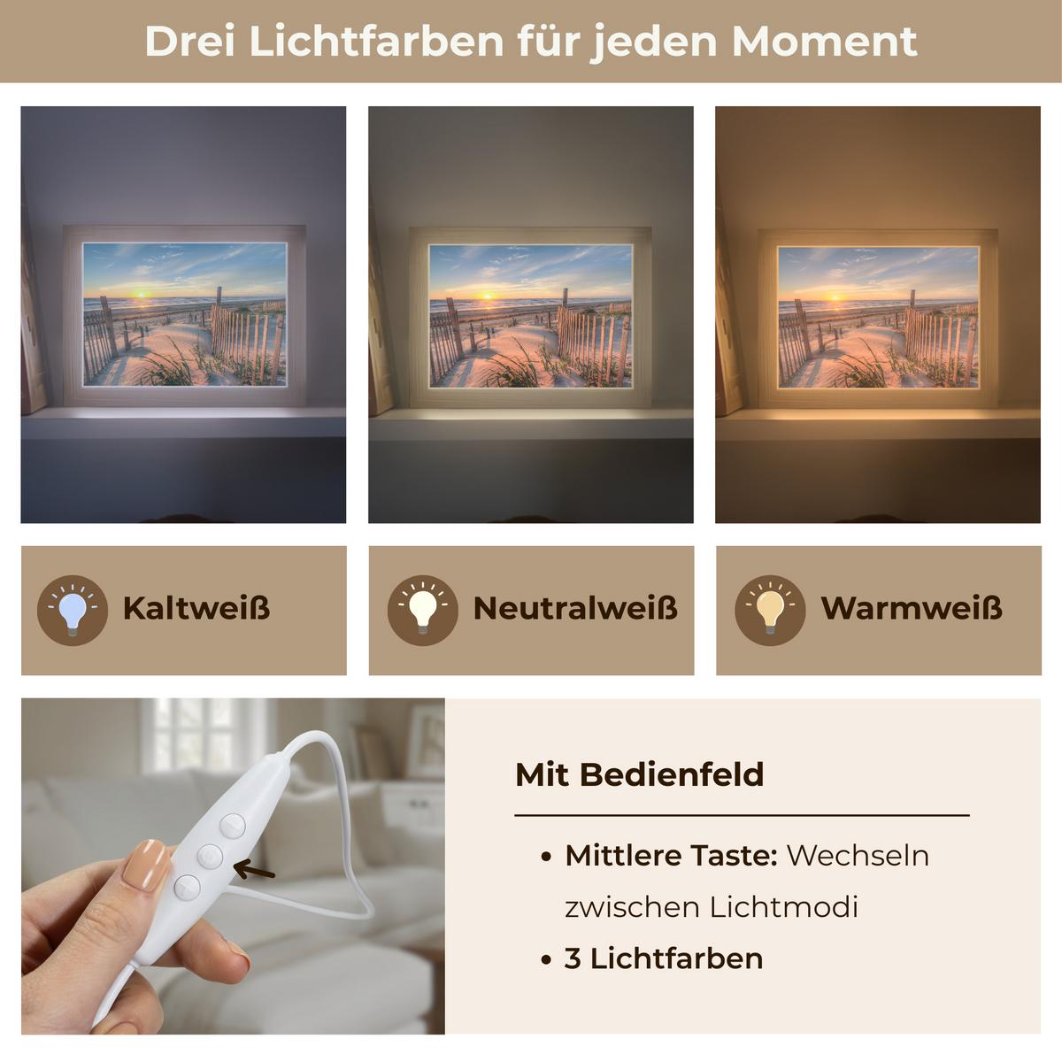 TISCHLEUCHTE Strand - Meer - Düne - Sonnenuntergang - Landschaft 20x15 cm - Creme, Holzwerkstoff (8/20/15cm) - OnlyWow