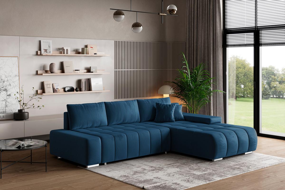 ECKSOFA ALESE R-S Blau Velours-Stoff mit Schlaffunktion - Blau/Silberfarben, Holz/Textil (265/185cm) - MASSENO