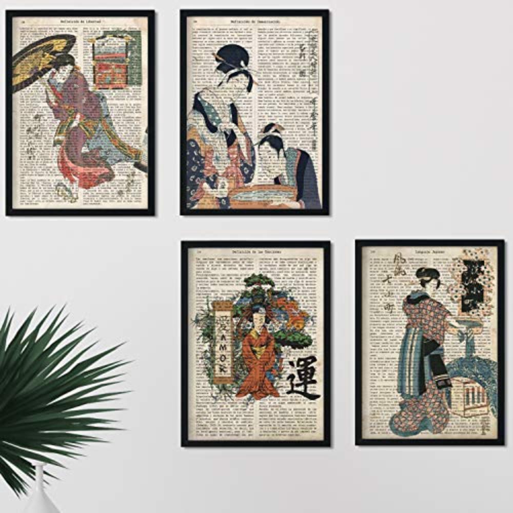 POSTER Set mit 4 japanische Sprache, Kommunikation, Emotionen und Freiheit A4 Schwarzer Rahmen - Schwarz, Papier (29.7/3cm) - Nacnic