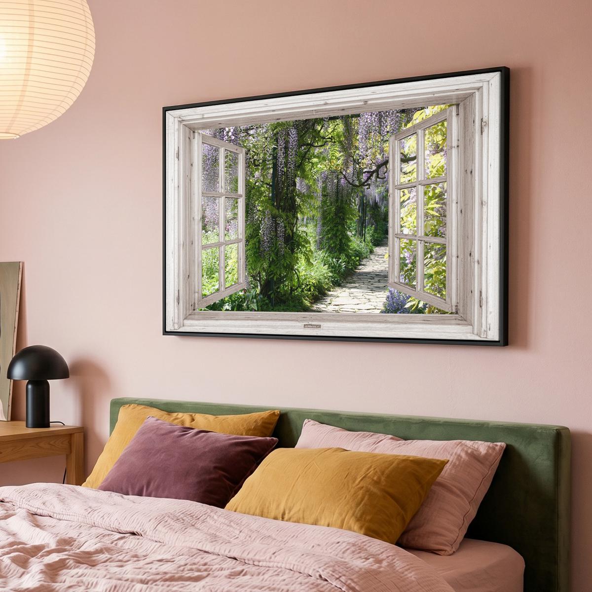 LEINWAND Bilder mit Rahmen - Blauer Regen - Blumen - Aussicht - Baum - Frühling - 120x80 - Grün, Textil (120/80cm) - MuchoWow