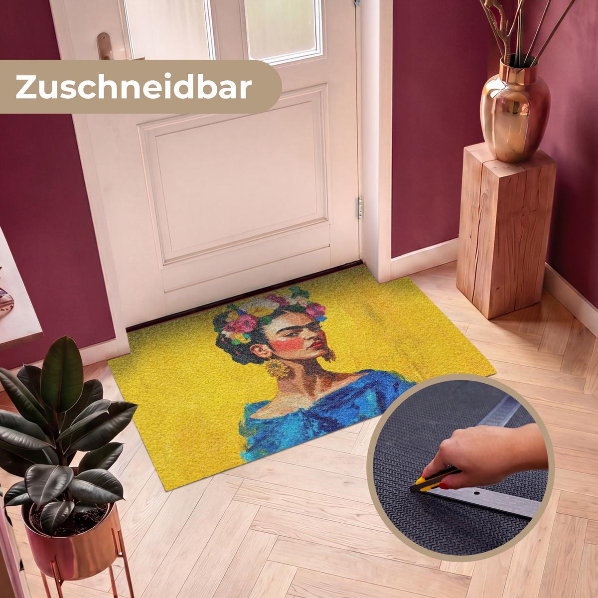FUSSMATTE Frida Kahlo - Frau - Gelb - Blau - Blumen Schmutzfangmatte 120x80 cm - Gelb, Kunststoff (120/0.4cm) - MuchoWow