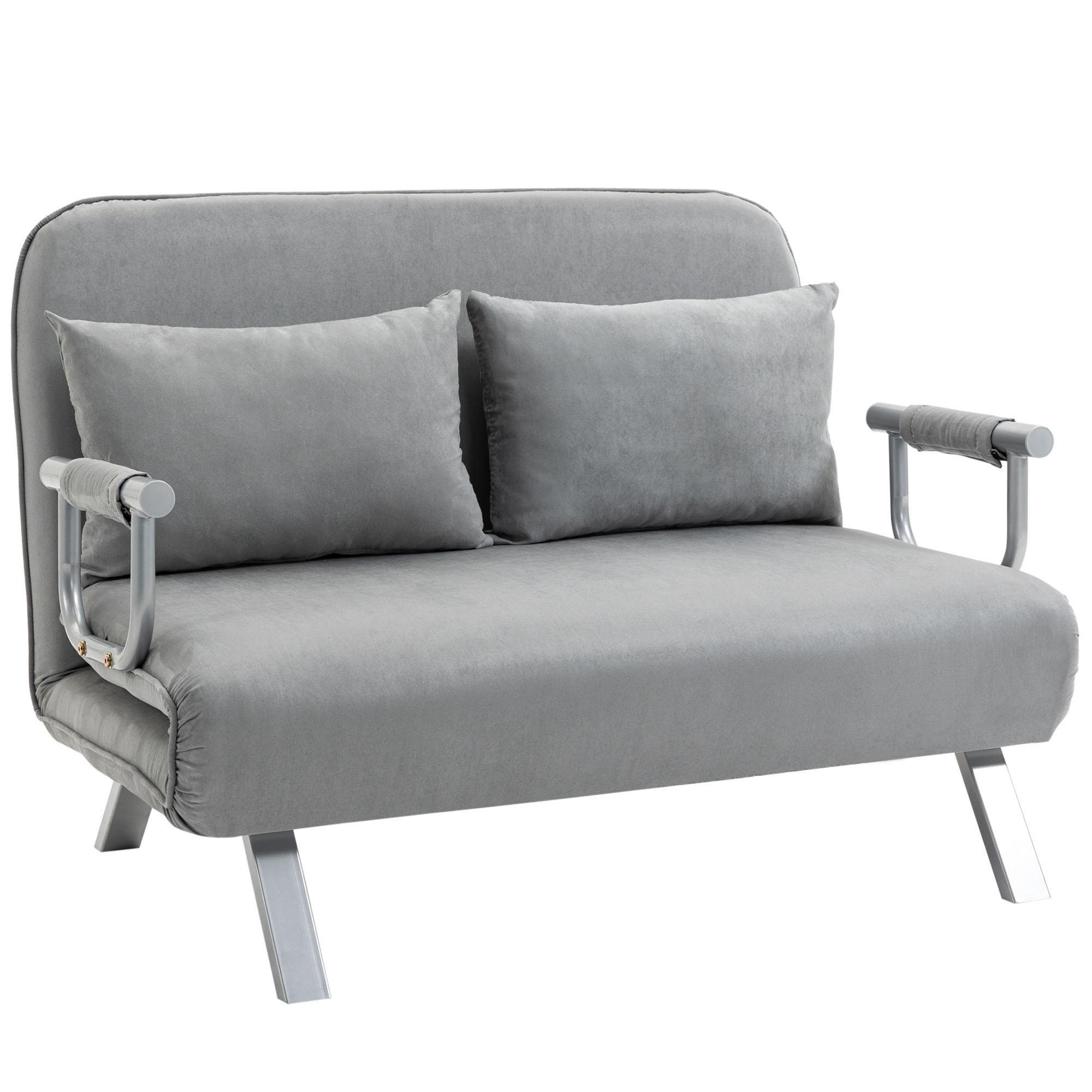 SCHLAFSOFA Zweisitzer mit Bettfunktion, Einzelbett mit Kissen, Samt, Hellgrau - Silberfarben/Hellgrau, Textil/Metall (80/78/111cm) - HOMCOM