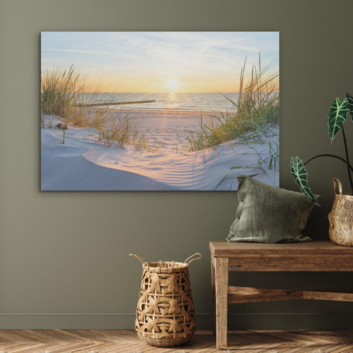AKUSTIKBILD Strand - Sonne - Düne - Gras - Sand - Horizont Wandbild Wohnzimmer 100x70 cm - Hellblau, Kunststoff (100/70/0.9cm) - MuchoWow