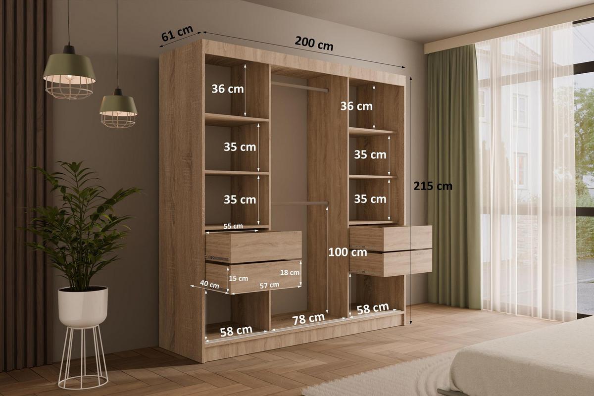 KLEIDERSCHRANK mit Spiegel V2-LINEA 215x200 cm Sonoma - Sonoma Eiche, Holzwerkstoff (200/215/61cm) - ALTDECOR