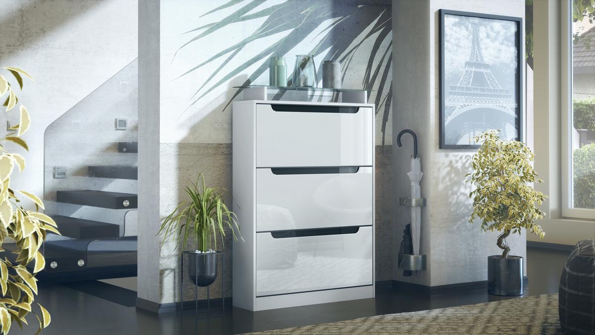 SCHUHSCHRANK Space Weiß Hochglanz / Schwarz Hochglanz - Weiß Hochglanz, Holzwerkstoff (89/128/23cm) - Vladon