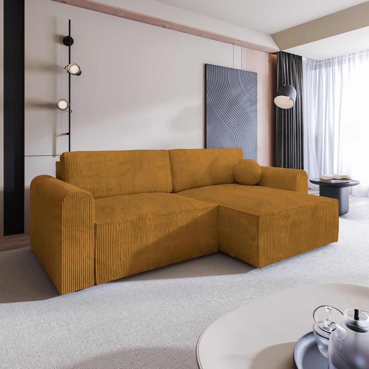 ECKSOFA FIANO P Gelb Kordstoff mit Schlaffunktion - Gelb/Grau, Holz/Kunststoff (245/148cm) - MASSENO