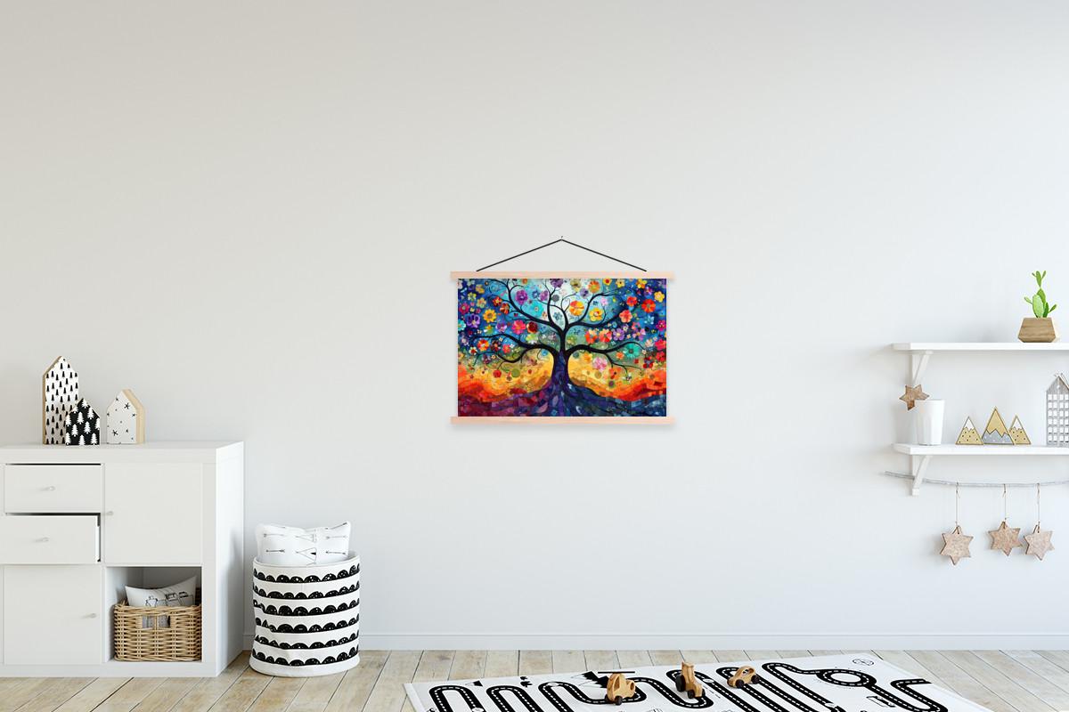 POSTER MIT MAGNETLEISTEN Kunst - Baum des Lebens - Blumen - Hippie Wandbilder 60x40 cm - Dunkelblau, Textil (60/40/0.15cm) - MuchoWow