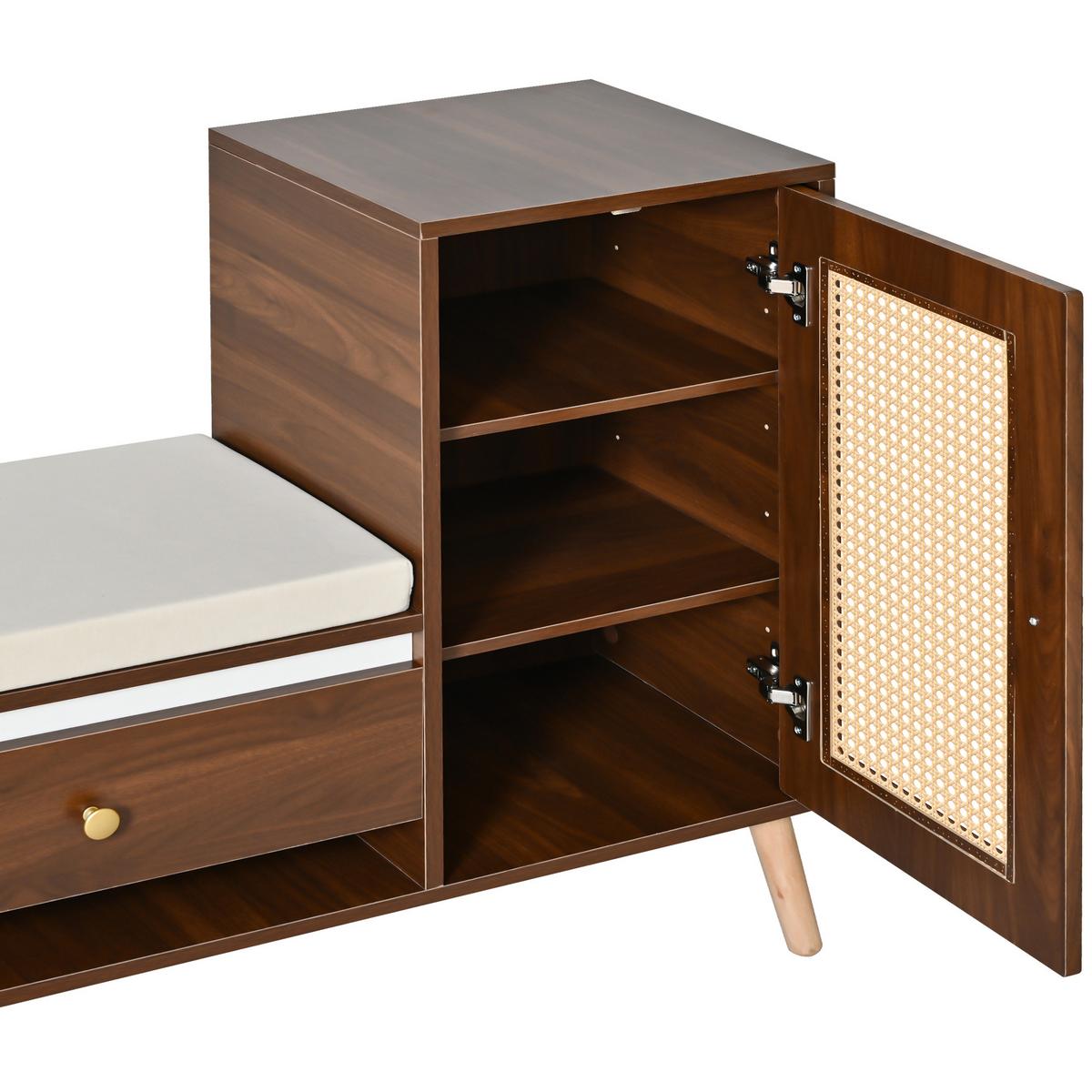 SCHUHSCHRANK in Holz-Optik – Schuhschrank mit Rattan-Tür & Sitzkissen - Walnussfarben, Holzwerkstoff (95.5/80.5/35cm) - Urban Meuble