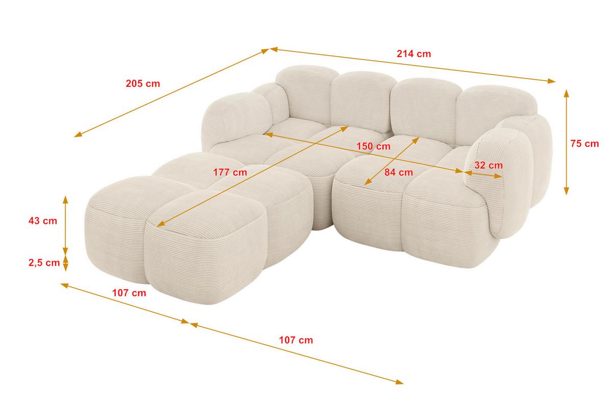 ECKSOFA modulares Sofa Links Miko-L1 214x205x75 Beige Cord - Beige/Schwarz, Holzwerkstoff/Kunststoff (214/205cm) - ALTDECOR