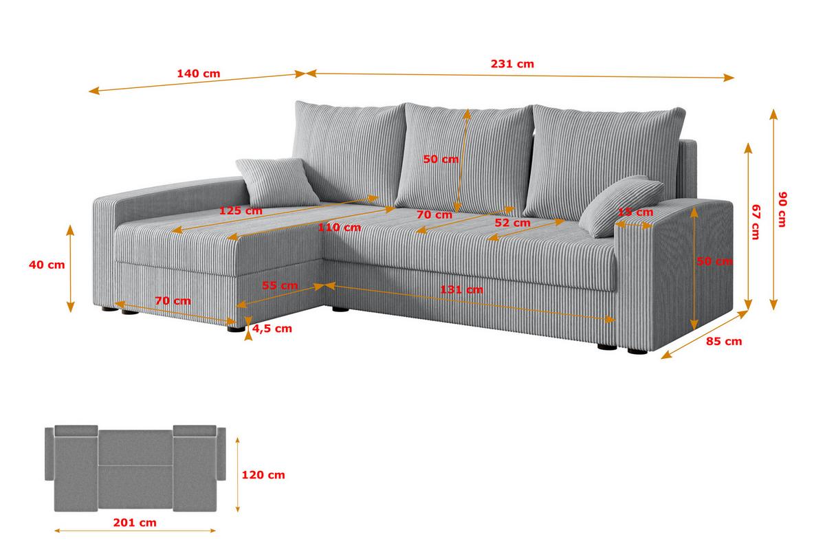 ECKSOFA mit Schlaffunktion und Bettkasten ALESIA-L 231x140x90 cm Grau Cord - Silberfarben/Grau, Holzwerkstoff/Kunststoff (231/140cm) - ALTDECOR