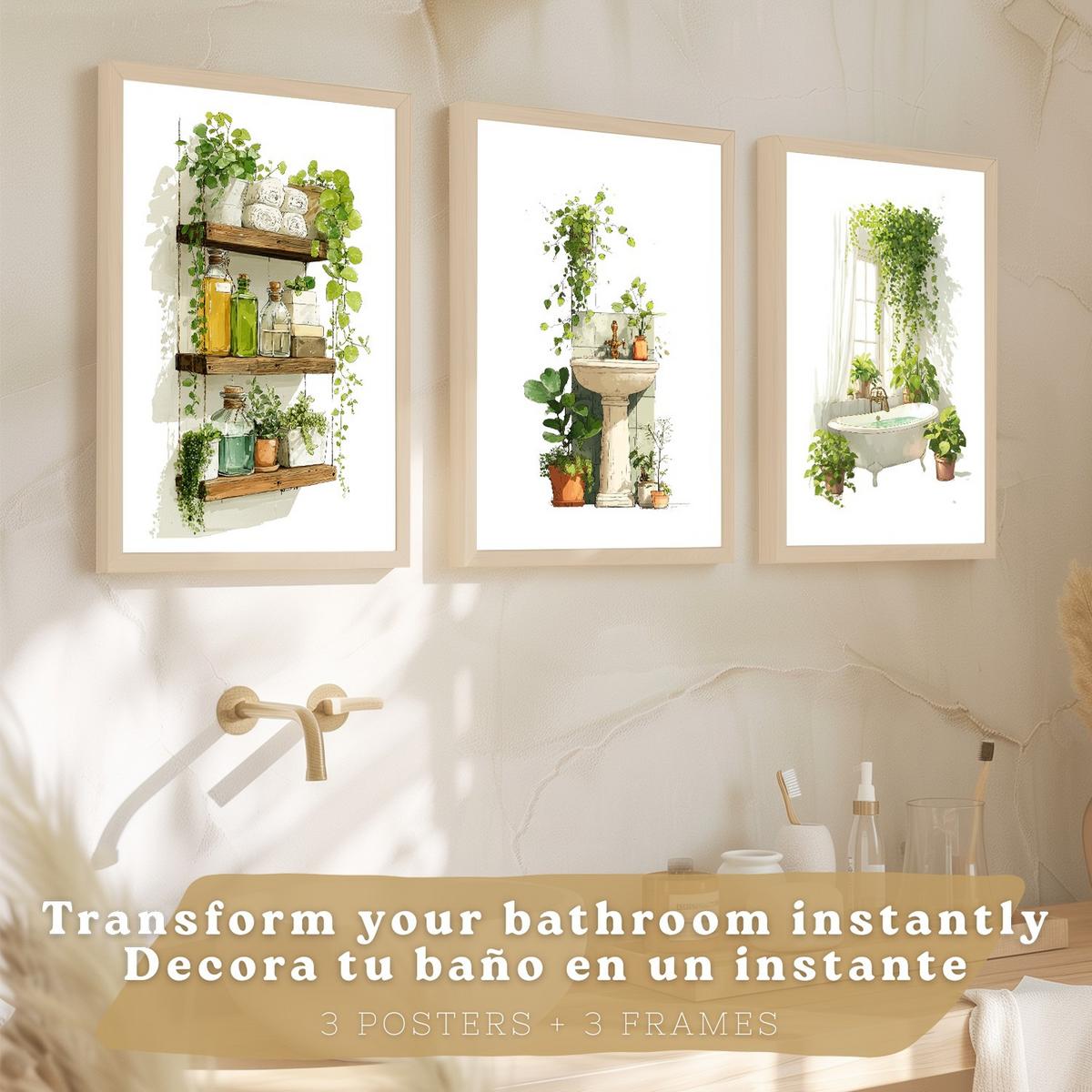 POSTER 3er-Set dekorative Badezimmerbilder, Wanddeko, im botanischen Stil, für Toilette, grüne Pflanzen Leichter Holzrahmen A4 - Beige, Papier (29.7/21/3cm) - Nacnic