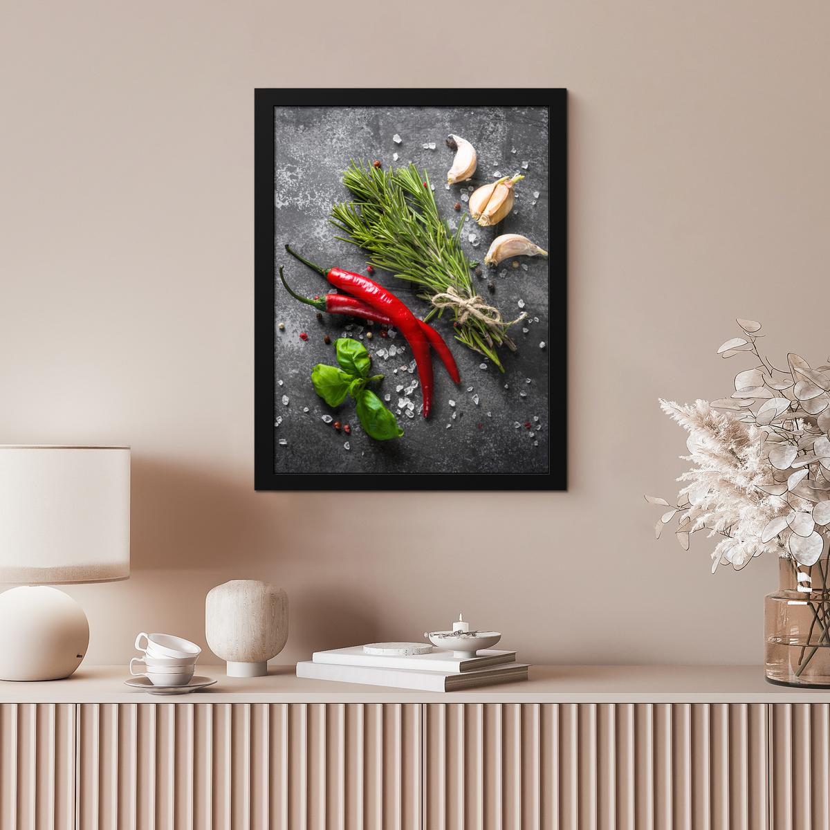 POSTER MIT RAHMEN Pfeffer - Kräuter - Gewürze - Beton Bilderrahmen 30x40 cm - Dunkelgrau, Papier (30/40cm) - MuchoWow