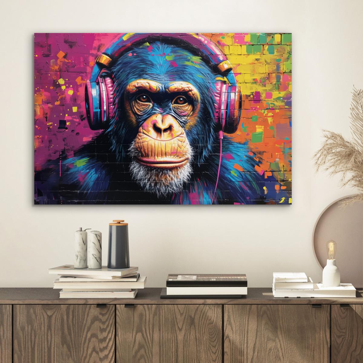 METALLBILD Graffiti - Schimpanse - Straßenkunst - Kopfhörer - Affe Wandbild 60x40 cm - Blau, Metall (60/40cm) - MuchoWow