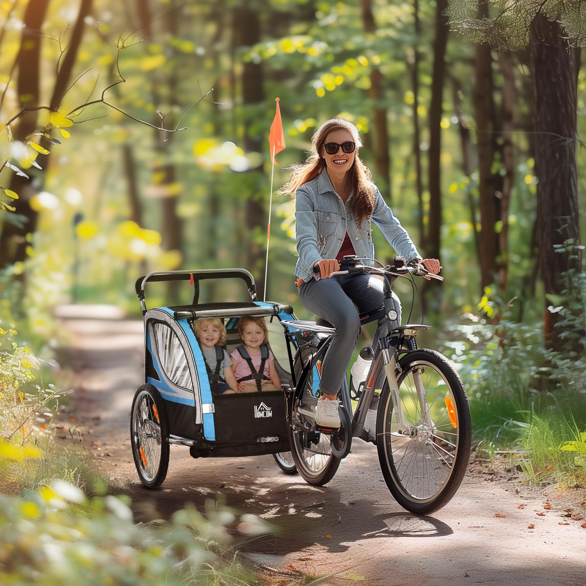 2 in 1 Kinderfahrradanhänger, Kinderanhänger, Fahrradanhänger, Blau - Blau, Metall (75/101/142cm) - HOMCOM