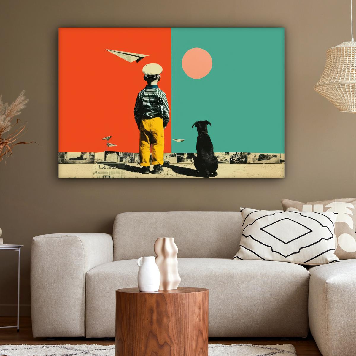 LEINWANDBILD Retro - Junge - Hund - Rot - Grün Wohnzimmer Groß 120x80 cm - Orange, Textil (120/80cm) - MuchoWow