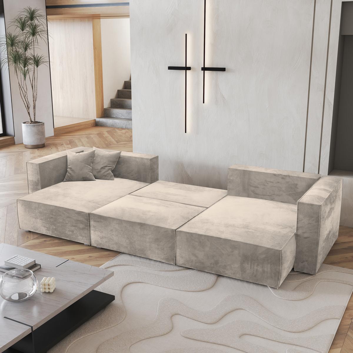 WOHNLANDSCHAFT SARMO M Creme Velours-Stoff mit Schlaffunktion - Creme/Grau, Holz/Kunststoff (347/70/148cm) - MASSENO