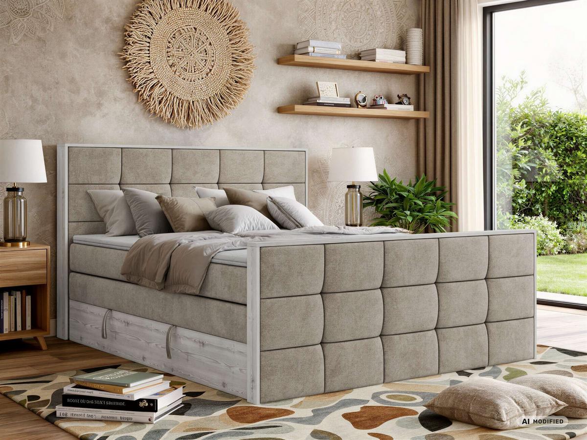 BOXSPRINGBETT ALNOR KING DUO 140/200 - Greige Stukture - Topper Visco - H3 - Greige/Schwarz, Kunststoff/Textil (140/200cm) - MKS