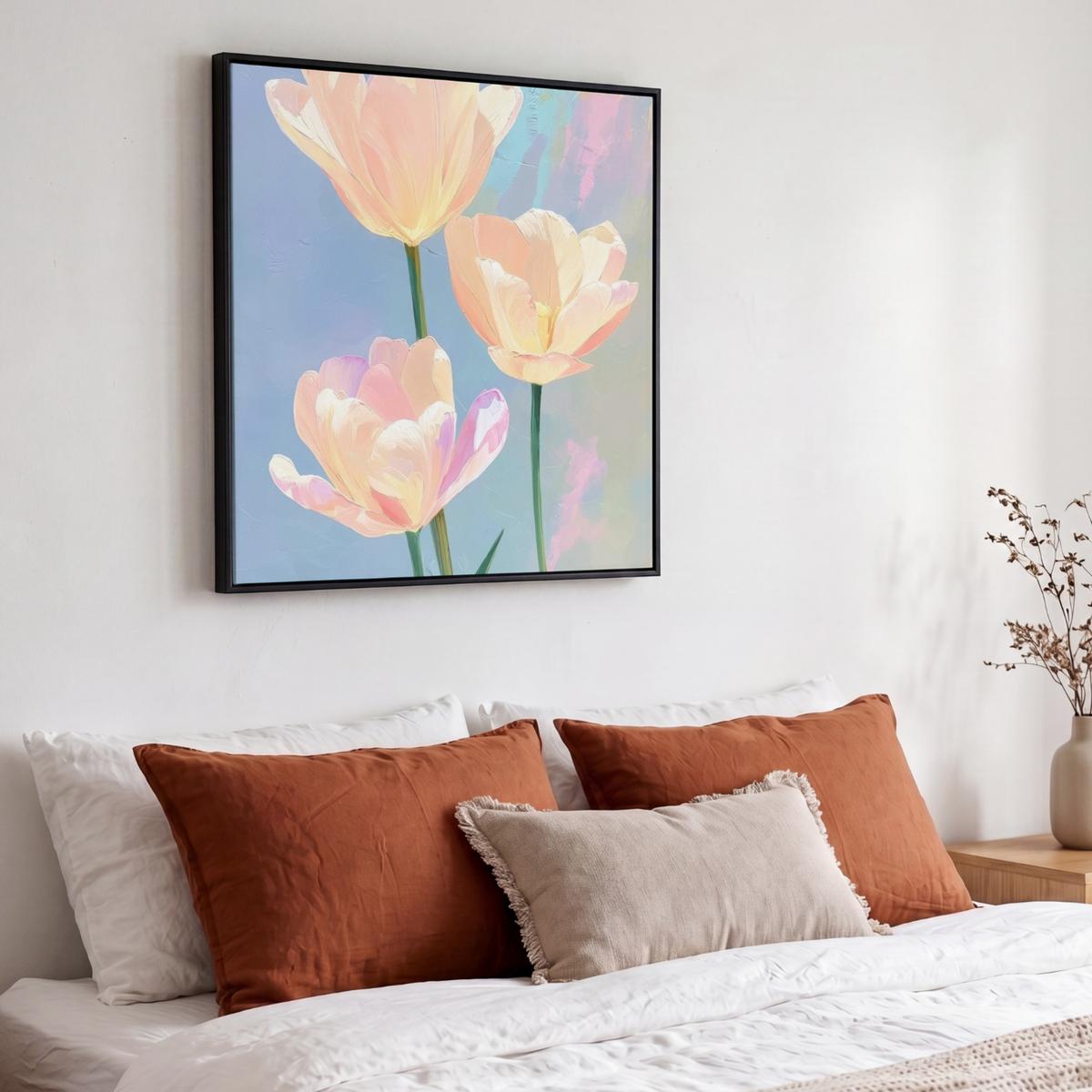 LEINWAND Bilder mit Rahmen - Tulpen - Rosa Akzente - Blau - 50x50 - Pastellblau, Textil (50/50cm) - MuchoWow
