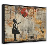 LEINWAND Bilder mit Rahmen - Graffiti - Banksy - Mädchen - Straßenkunst - 40x30 - Sandfarben, Textil (40/30cm) - MuchoWow