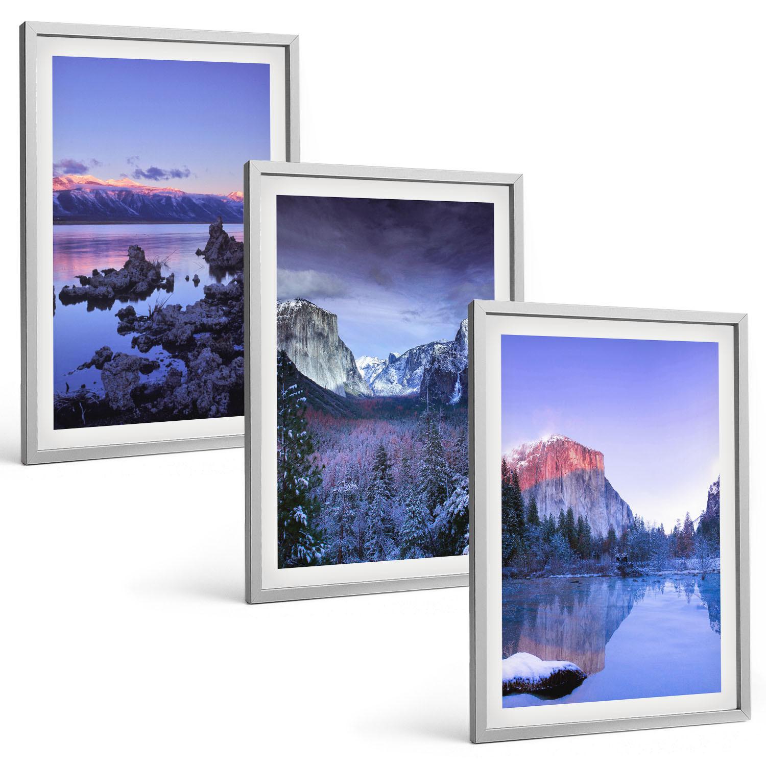 BILDER SET 3er Set - 40x60 cm Silberner Rahmen - Berglandschaften, Sonnenuntergang, Wasser - Silberfarben, Kunststoff (40/60cm) - TULUP