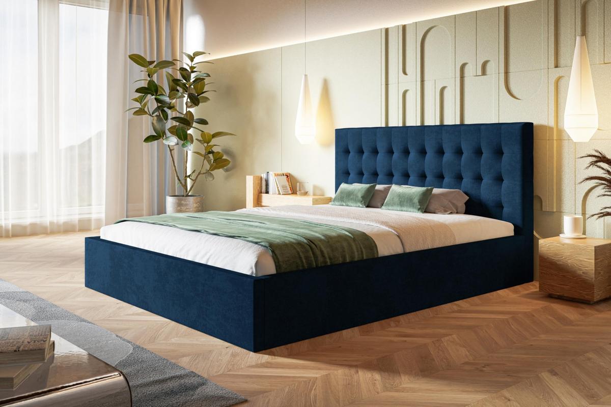 BETT 160x200 - Polsterbett mit Bettkasten und Metallrahmen - Modern Betten - Glatter Kronos-Stoff - Kollektion Rio, Blau - Blau, Holz/Textil (160/200cm) - Alpi-Möbel