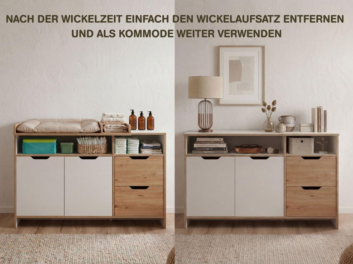 BABYZIMMER SET Maxim 2-tlg. Wickelkommode Babybett - Weiß/Eiche Artisan, Holzwerkstoff (1/1/1cm) - arthur berndt