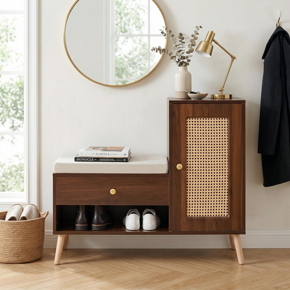 SCHUHSCHRANK in Holz-Optik – Schuhschrank mit Rattan-Tür & Sitzkissen - Walnussfarben, Holzwerkstoff (95.5/80.5/35cm) - Urban Meuble