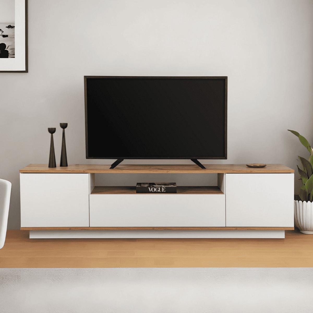 TV furniture with 3 folding doors and 1 niche, L180 cm - Weiß, Holzwerkstoff (44.5/44.6/12cm) - Calicosy