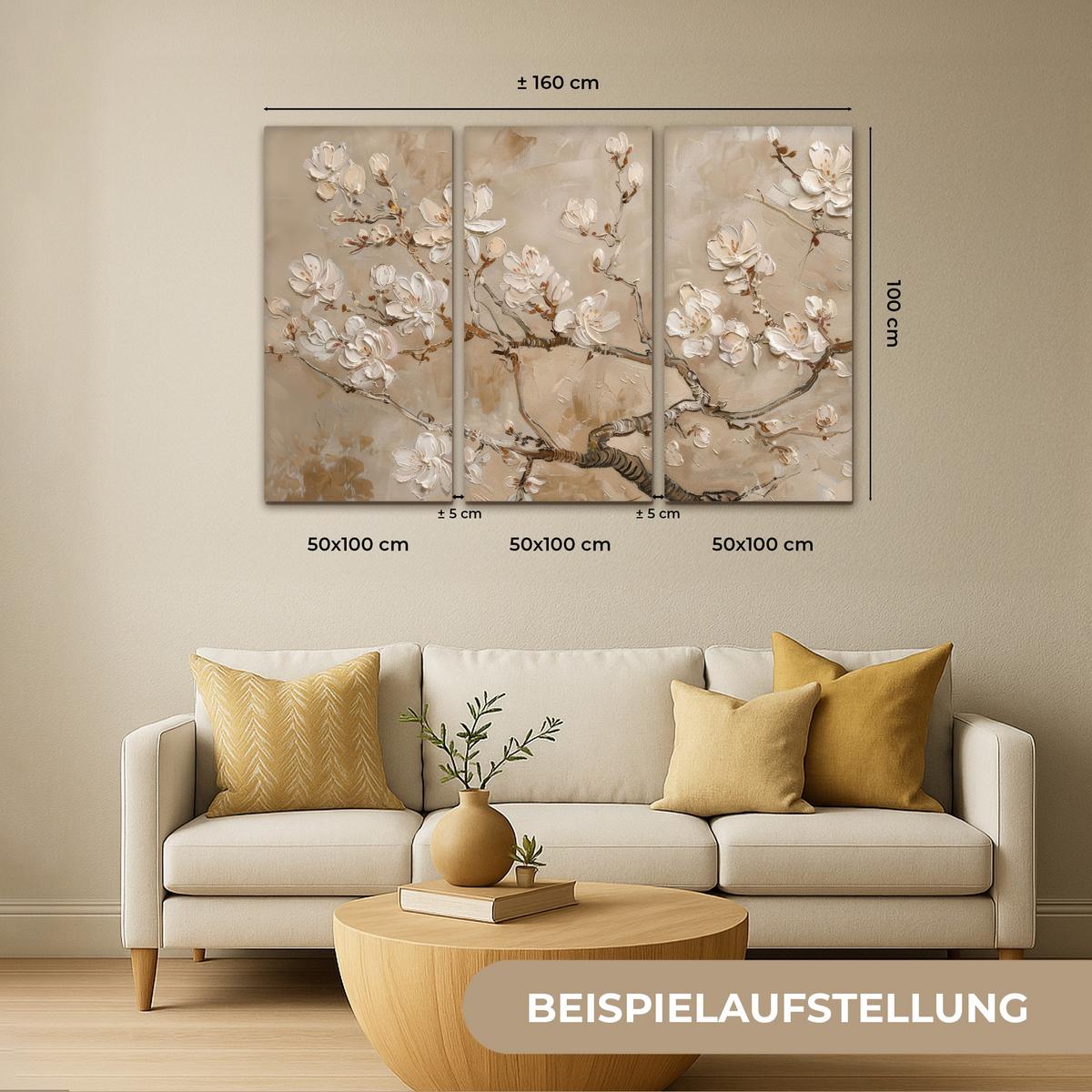LEINWANDBILD 3er Set Beige - Blüte - Modern 180x120 cm - Beige, Textil (180/120cm) - MuchoWow