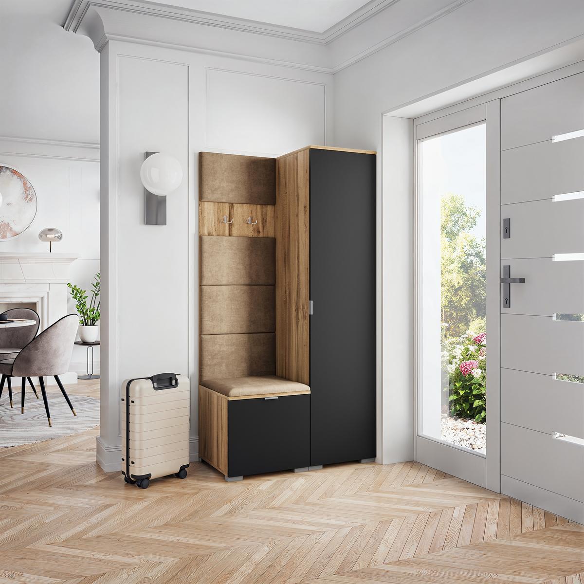 GARDEROBENSCHRANK LORI 95/181/51 cm Modern Garderobe-Set Eiche Wotan - Eiche Wotan/Schwarz, Holzwerkstoff (95/181/51cm) - MASSENO