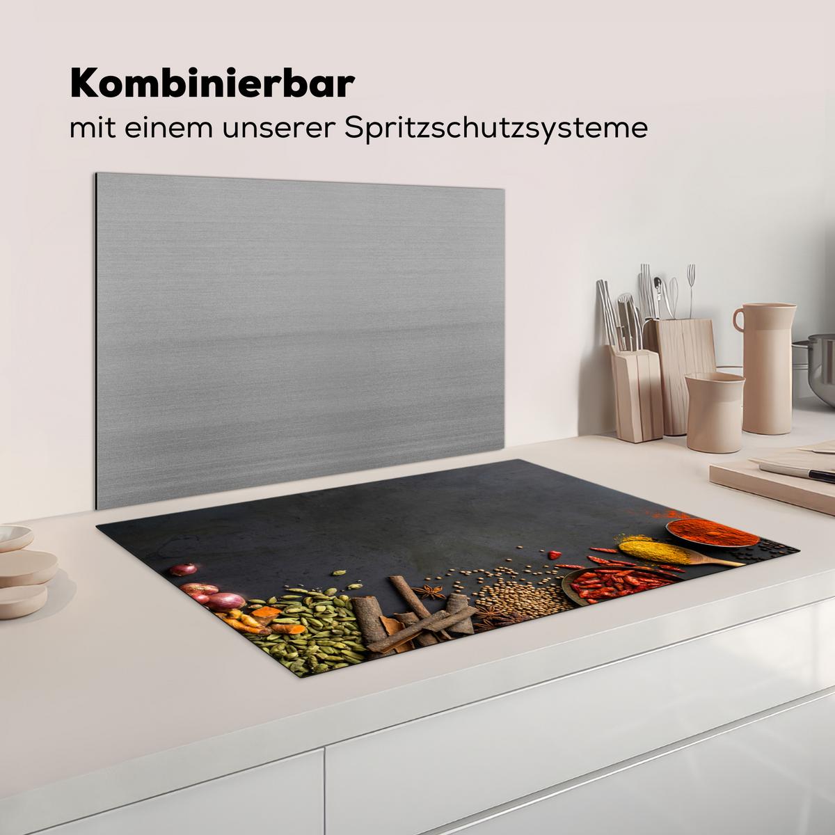 HERDABDECKPLATTE Kräuter - Lebensmittel - Gewürze - Schwarz - Paprika - Zimt Induktionsschutz 80x52.2 cm - Currygelb, Kunststoff (80.2/52.2/0.2cm) - MuchoWow