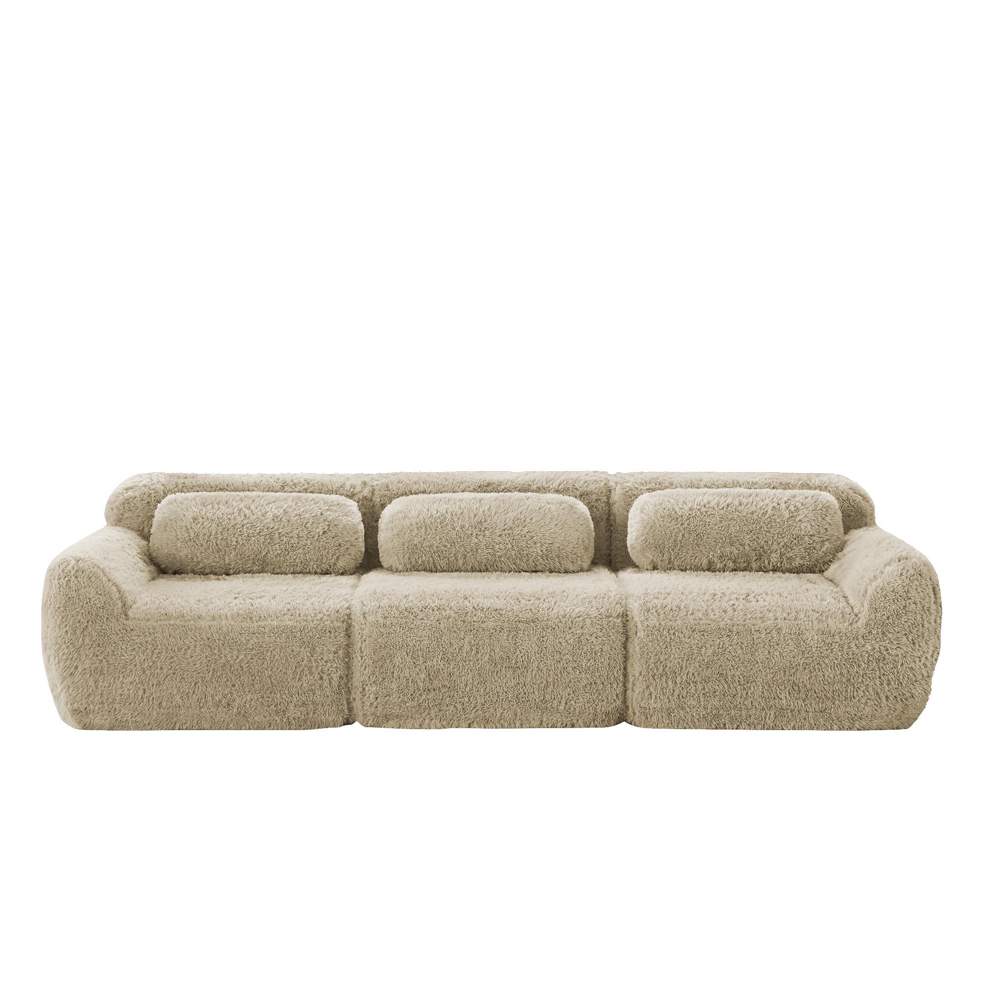 3-SITZER SOFA plüschstoff in hellkhaki, rahmenlos & montagefrei - Hellgelb, Textil (291/73/104cm) - Urban Meuble