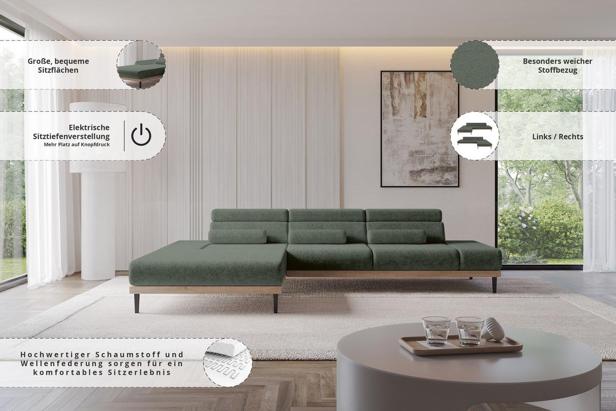 ELEKTRISCHES ECKSOFA Links MONA 316x205x85 Grün Velours - Grün, Holzwerkstoff/Textil (316/205cm) - ALTDECOR