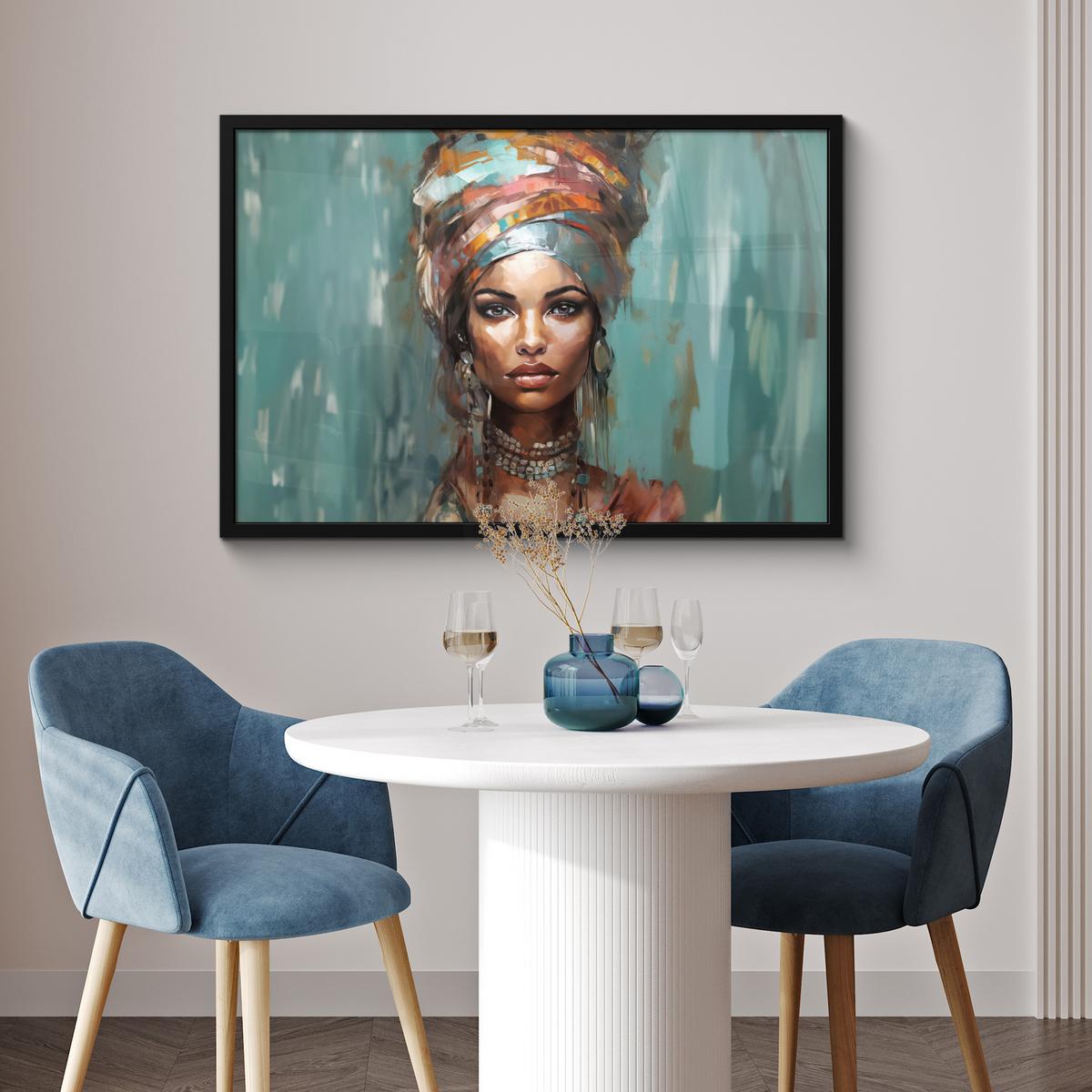 POSTER MIT RAHMENGERAHMTES BILD Frau - Kunst - Schmuck - Porträt 90x60 cm - Blaugrau, Papier (90/60cm) - MuchoWow