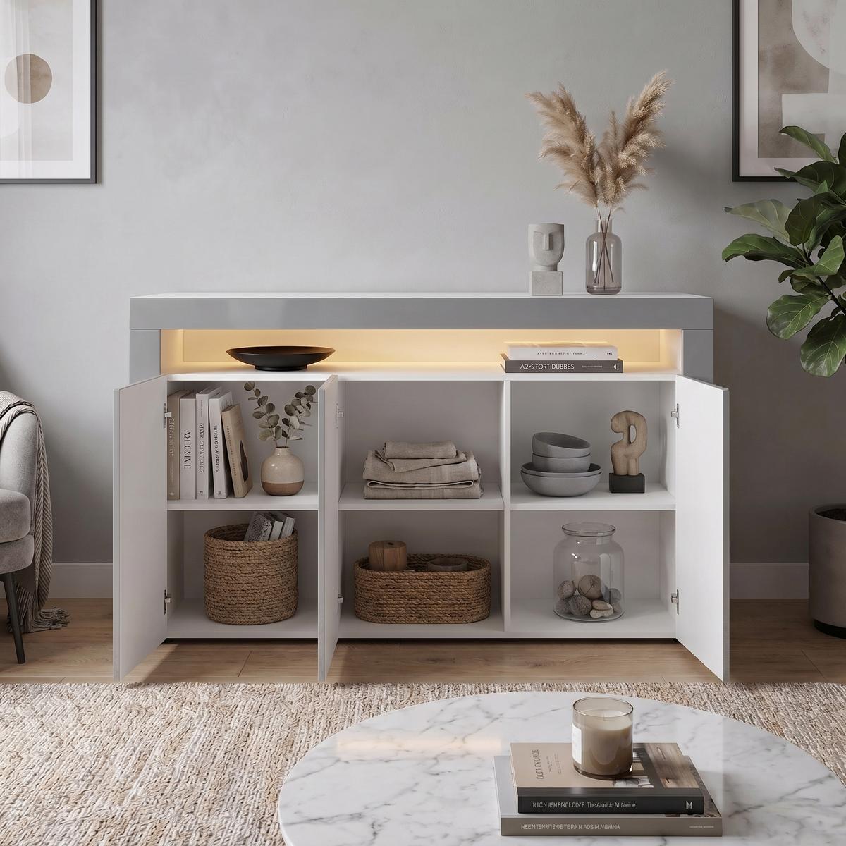 SIDEBOARD Valencia Grau Hochglanz / Grau Hochglanz - Grau, Holzwerkstoff (155/92/40cm) - Vladon