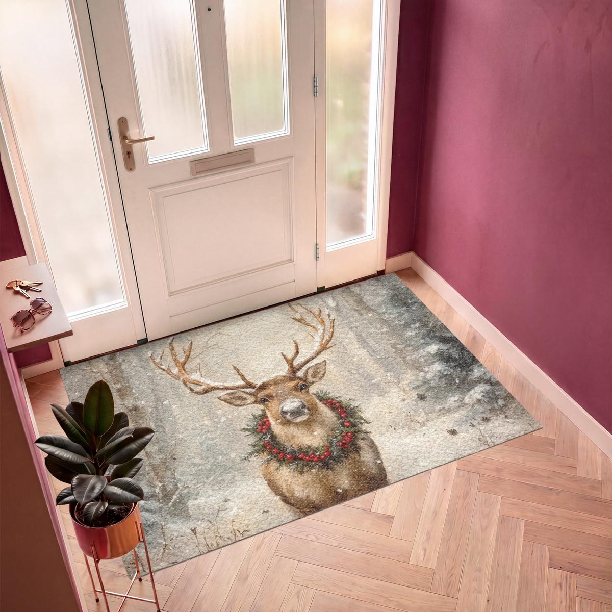 FUSSMATTE Weihnachten - Rentier - Winter - Kranz Flurteppich 180x120 cm - Braun, Kunststoff (180/0.4cm) - MuchoWow
