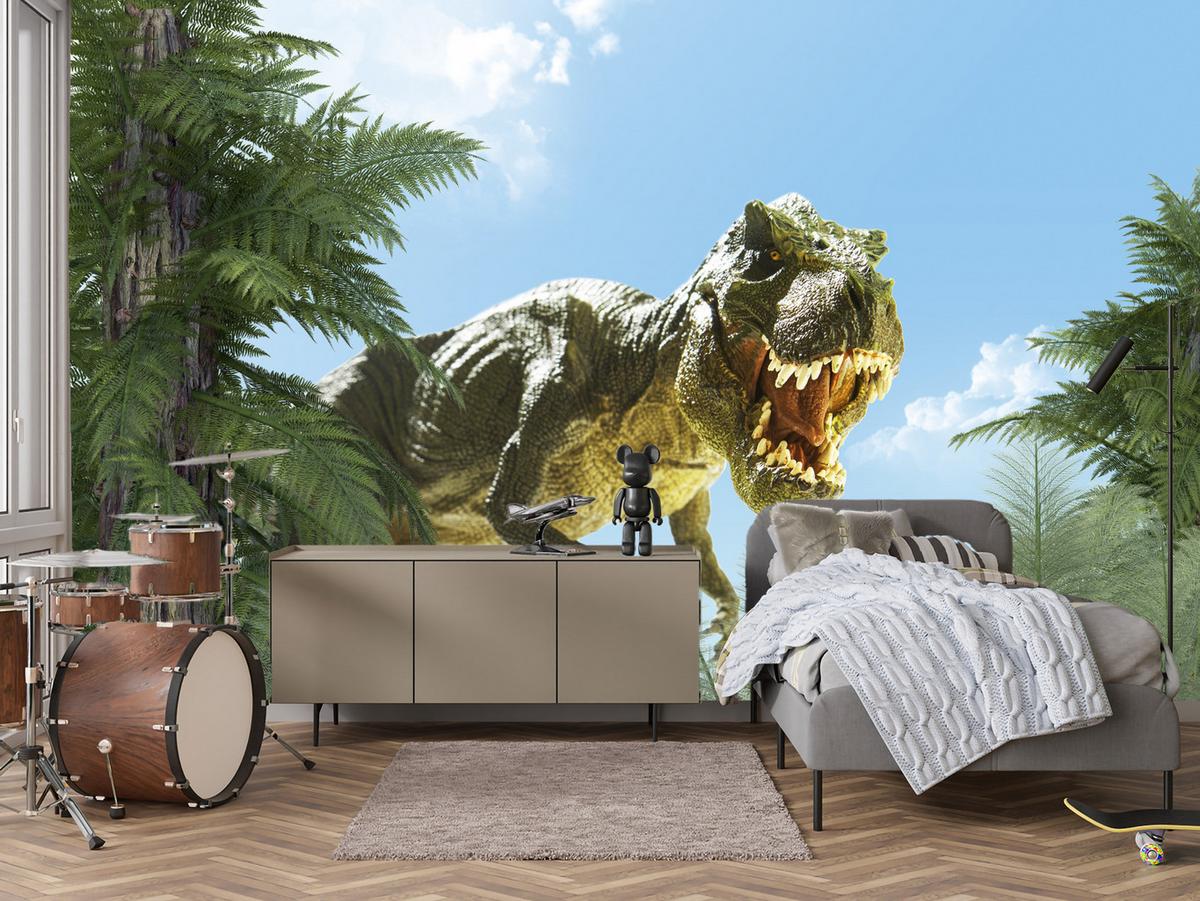 FOTOTAPETE für Jugendzimmer Riesen Dinosaurier Tropenwald Pflanzen 150x105 - Blau/Braun, Papier (150/105cm) - Muralo
