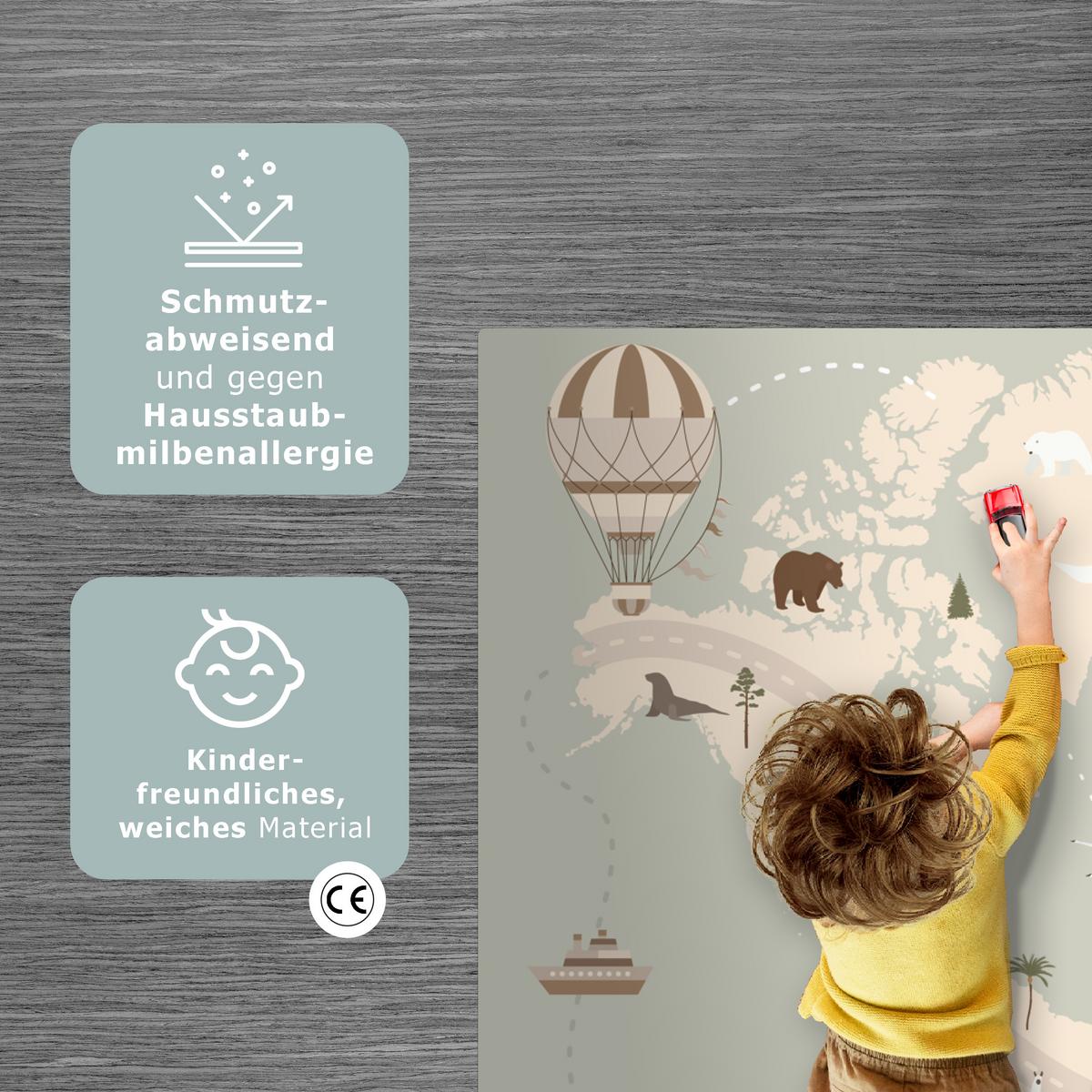 KINDERTEPPICH Weltkarte - Tiere - Flugzeug - Kind - Heißluftballon Spielmatte 135x90 cm - Salbeigrün, Kunststoff (135/0.3cm) - OnlyWow