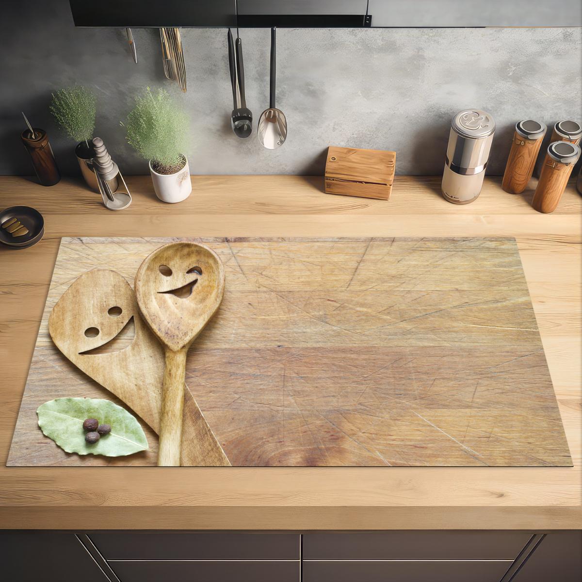 HERDABDECKPLATTE Holz - Löffel - Braun - Smiley Induktionsschutz 91.2x52 cm - Hellbraun, Kunststoff (91.2/52/0.2cm) - MuchoWow