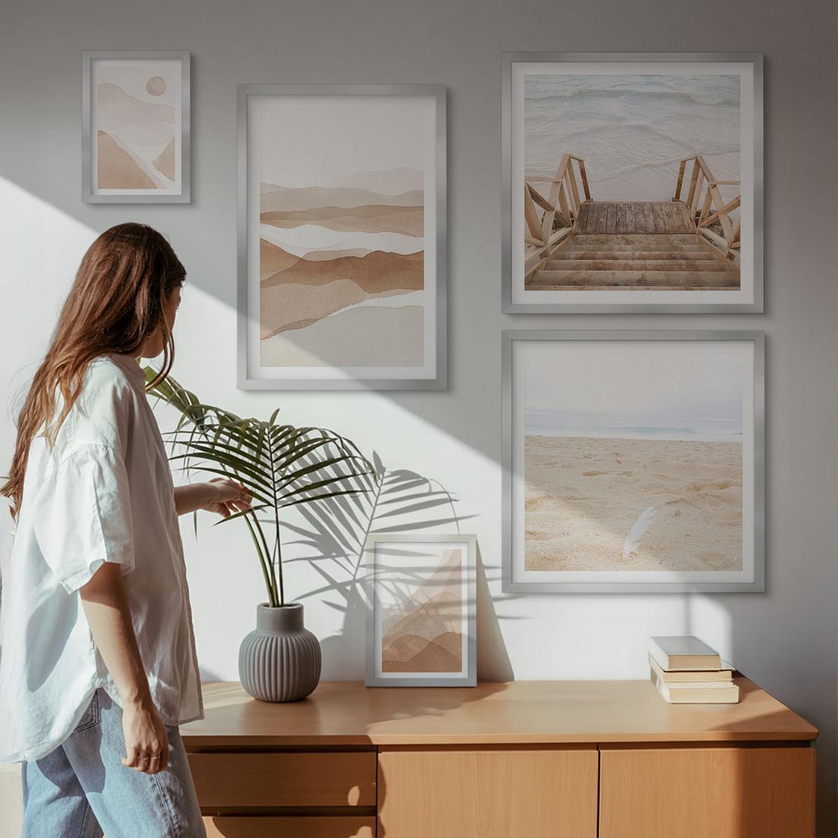 BILDER SET 5er Set - 50x50 cm & 20x30 cm & 40x60 cm Silberner Rahmen - Abstrakte braune Landschaften - Silberfarben, Kunststoff (40/60cm) - TULUP
