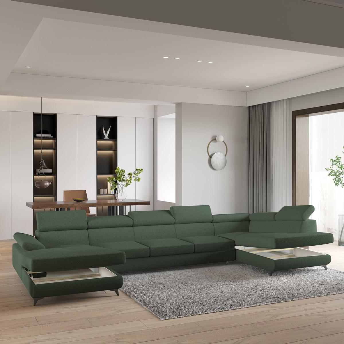 WOHNLANDSCHAFT MONTIVA Grün Boucle-Stoff mit Schlaffunktion - Grün, Holz (410/89/190cm) - MASSENO