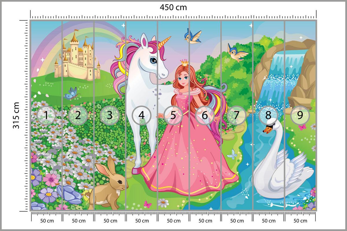 FOTOTAPETE für Kinderzimmer Prinzessin Einhorn Schloss Wasserfall Blumen 450x315 - Blau/Gelb, Papier (450/315cm) - Muralo