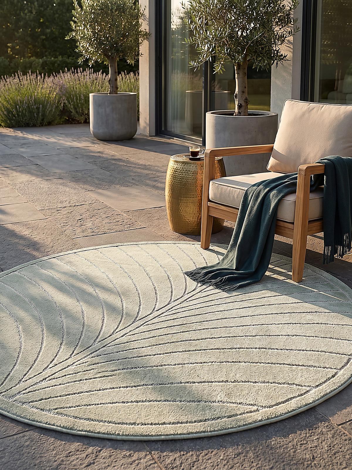 TEPPICH Outdoor, Fußbodenheizung-geeignet, mit Blattmotiv, aus Polypropylen, ENGADIN in Salbeigrün, Ø 120 cm - Grün, Textil (120/120cm) - KADIMA DESIGN