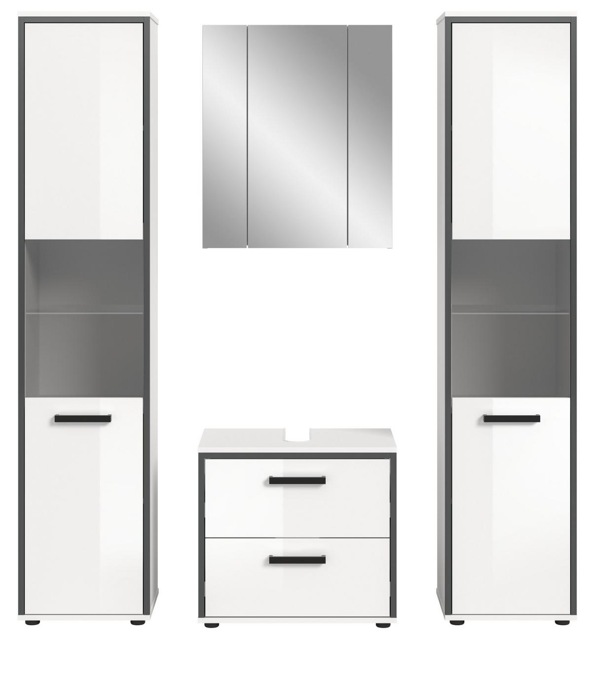 BADMÖBEL-SET 4-teilig Set weiß Hochglanz, grau, Badezimmermöbel mit viel Stauraum - Weiß Hochglanz/Schwarz, Glas/Holzwerkstoff (170/188/37.5cm) - Inn.Furn