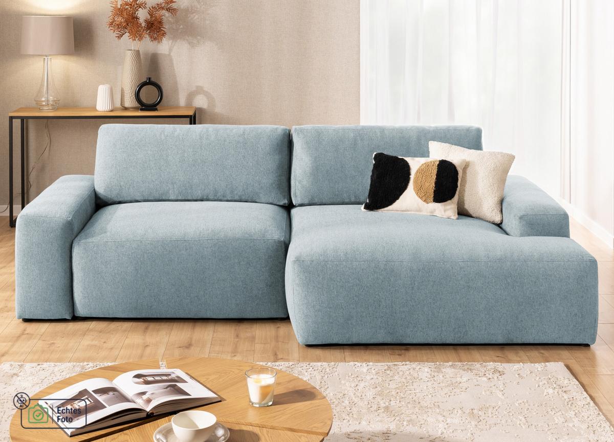 ECKSOFA Lennon aus Hellblau Strukturstoff mit Schlaffunktion und Bettkasten - Schwarz/Hellblau, Holz/Kunststoff (264/137cm) - S-Style