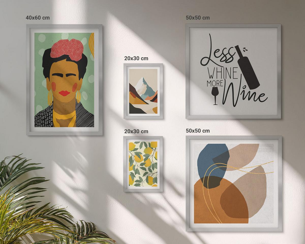 BILDER SET 5er Set - 50x50 cm & 20x30 cm & 40x60 cm Silberner Rahmen - Zitronenweinporträt von Frida - Silberfarben, Kunststoff (40/60cm) - TULUP